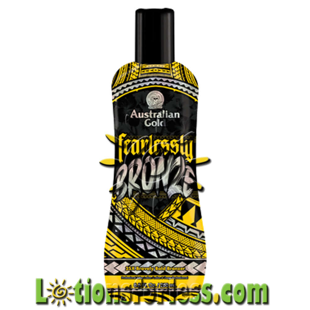 Australian Gold Fearlessly Bronze 25X Bronzer bottle, 8.5oz, featuring a vibrant black and yellow design.