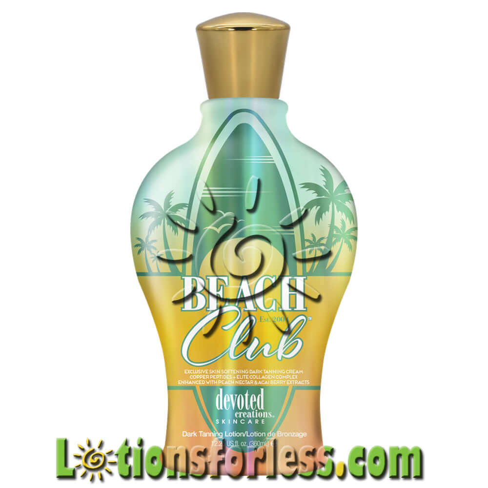 Devoted Creations Beach Club Intensifier 12.25oz tanning lotion with tropical design for indoor and outdoor use.