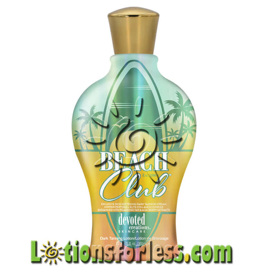Devoted Creations Beach Club Intensifier 12.25oz tanning lotion with tropical design for indoor and outdoor use.
