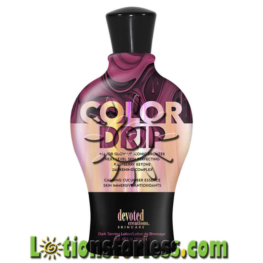 Devoted Creations Color Drip 12.25oz bronzer with raspberry ketone, cucumber extract, and tattoo protection for glowing skin.