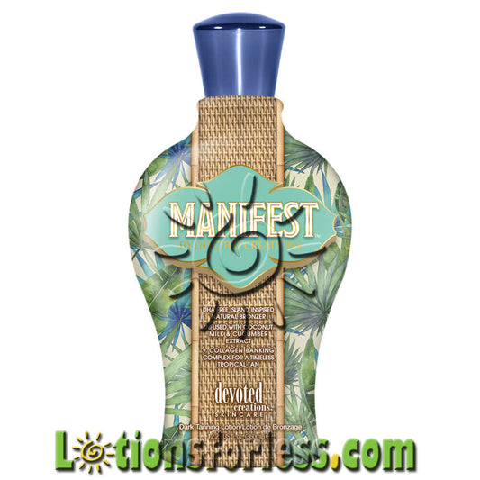 Devoted Creations Manifest Natural Bronzer 12.25oz bottle with tropical design and fresh basil & citrus fragrance.