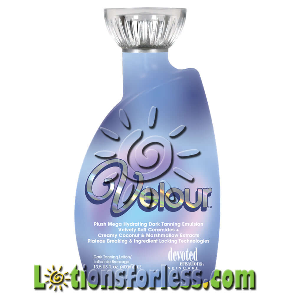 Devoted Creations Velour Dark Tanning Enhancer 13.5oz bottle with hydrating ingredients for a soft, vibrant tan.