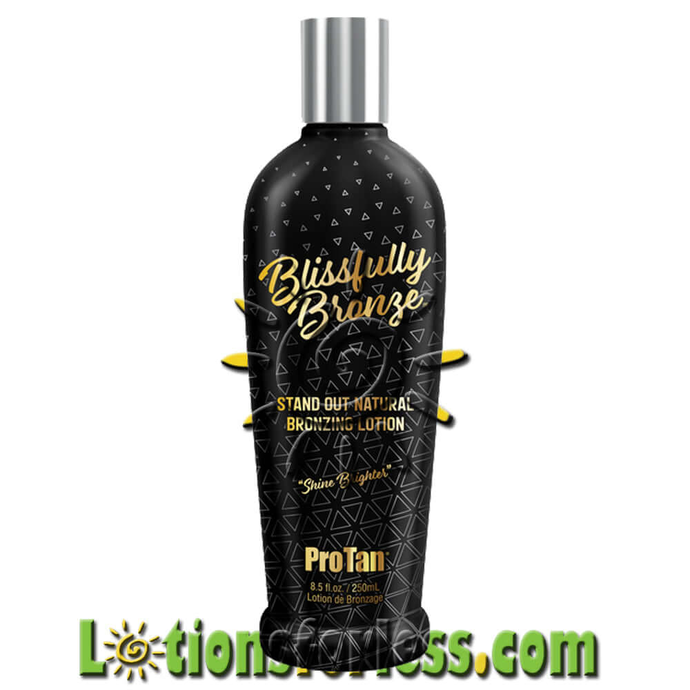Pro Tan Blissfully Bronze Natural Bronzer 8.5oz bottle with geometric design for radiant glowing skin.