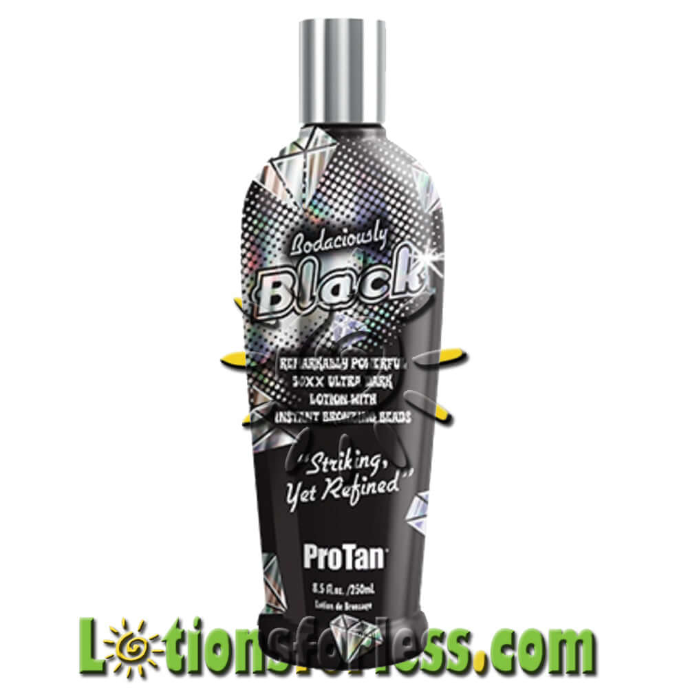 Pro Tan Bodaciously Black 50X Bronzer 8.5oz bottle with striking design for deep, long-lasting bronze skin.