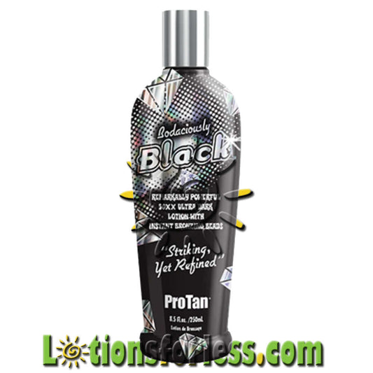 Pro Tan Bodaciously Black 50X Bronzer 8.5oz bottle with striking design for deep, long-lasting bronze skin.