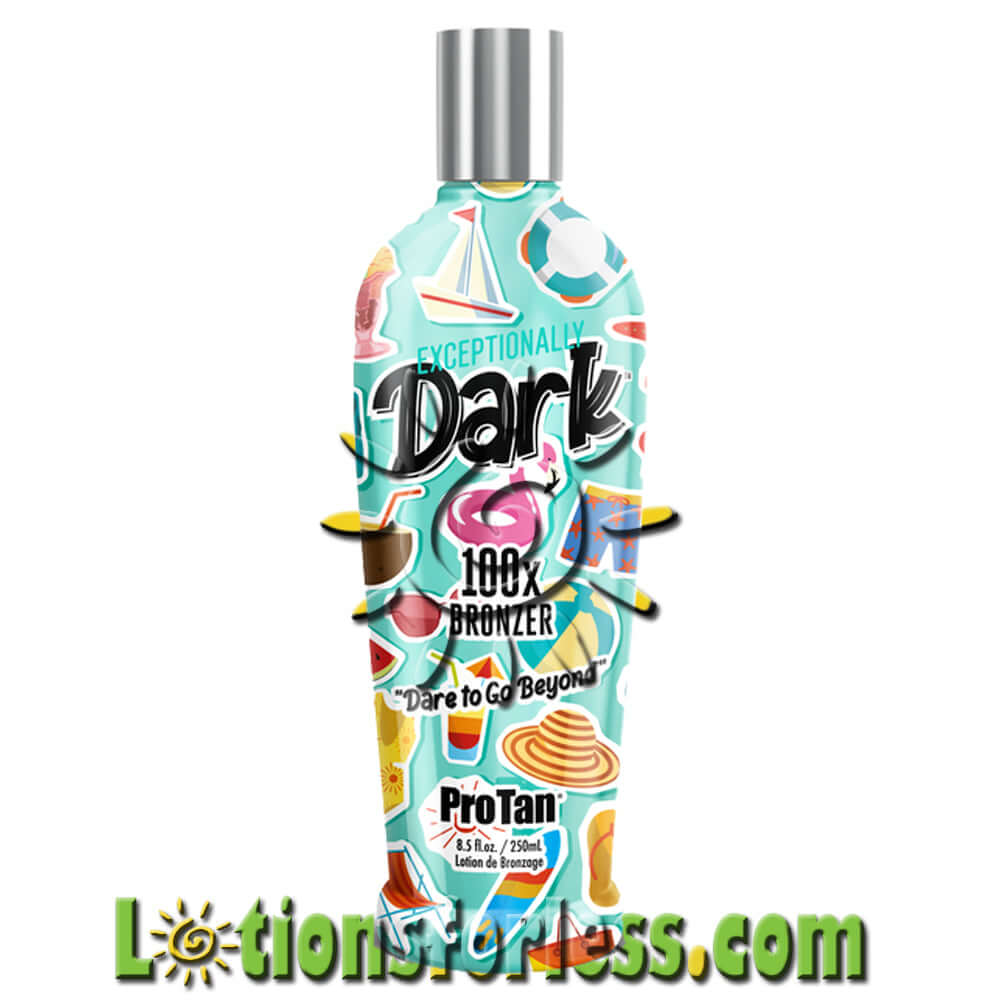 Pro Tan Exceptionally Dark 100X Bronzer 8.5oz bottle with colorful design, promoting deep tanning and skin hydration.
