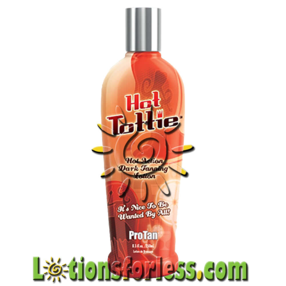 Pro Tan Hot Tottie 8X Tingle Accelerator 8.5oz bottle for deep, dark tanning without bronzers, featuring Monoi de Tahiti Oil.