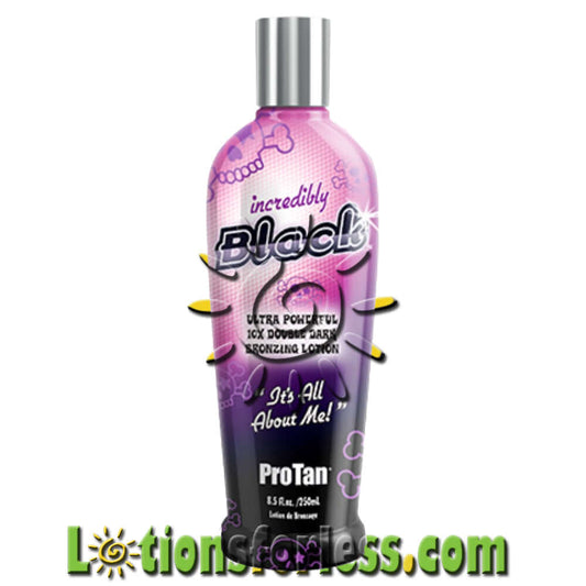 Pro Tan Incredibly Black 10X Bronzing Tanning Lotion 8.5oz bottle, ultra powerful double dark bronzer with sweet almond fragrance.
