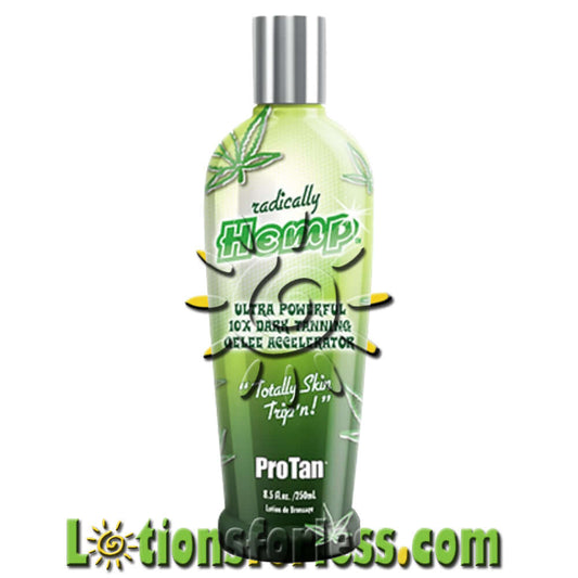 Pro Tan Radically Hemp Tanning Lotion 8.5oz, 10x dark accelerator blend for smooth, long-lasting color with sweet almond fragrance.