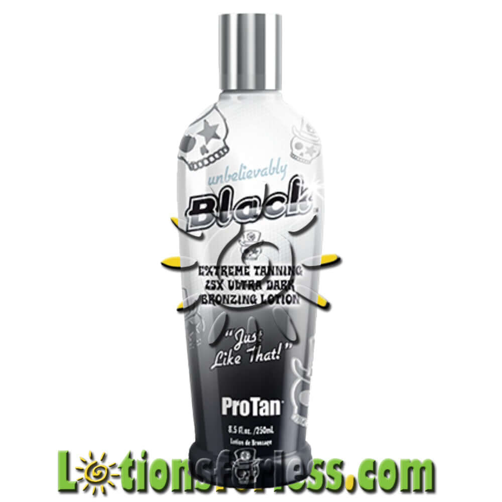 Pro Tan Unbelievably Black 25X Bronzing Tanning Lotion in 8.5oz bottle, featuring extreme bronzers for a deep, dark tan.