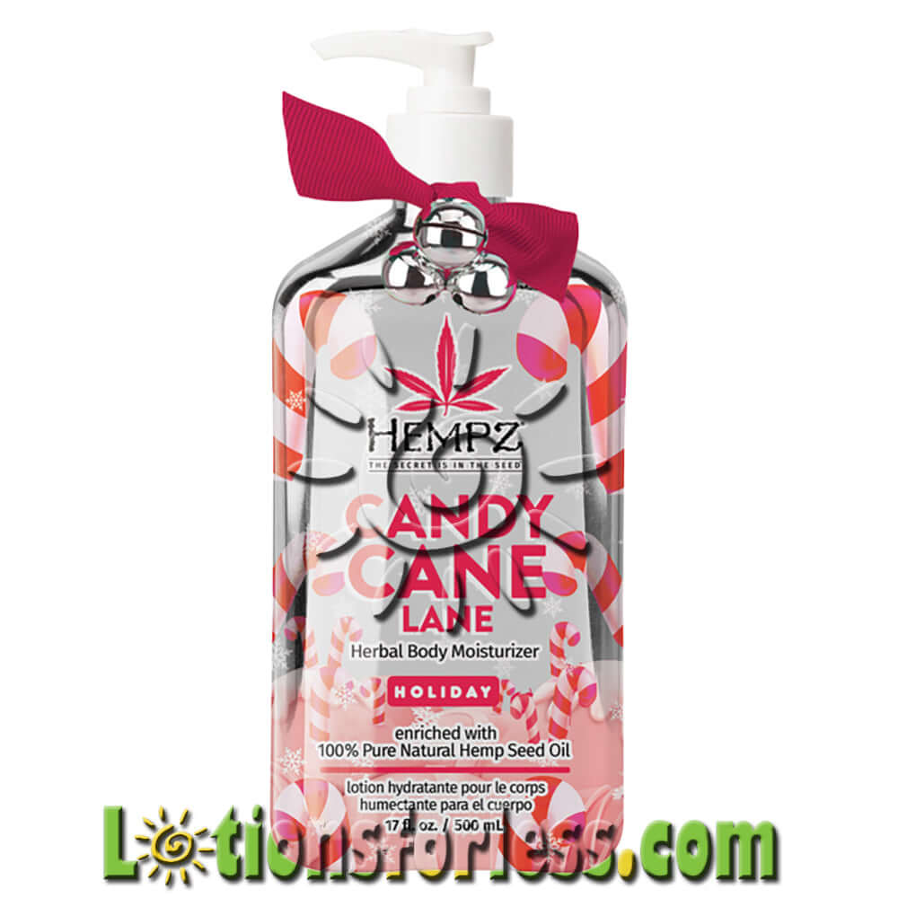 Hempz Candy Cane Lane Herbal Body Moisturizer with 100% pure hemp seed oil, 17oz holiday fragrance product.