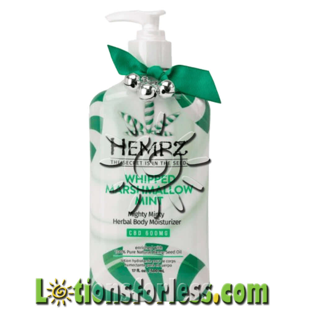 Hempz CBD Whipped Marshmallow Mint Herbal Body Moisturizer 17oz with green accents and pump dispenser.