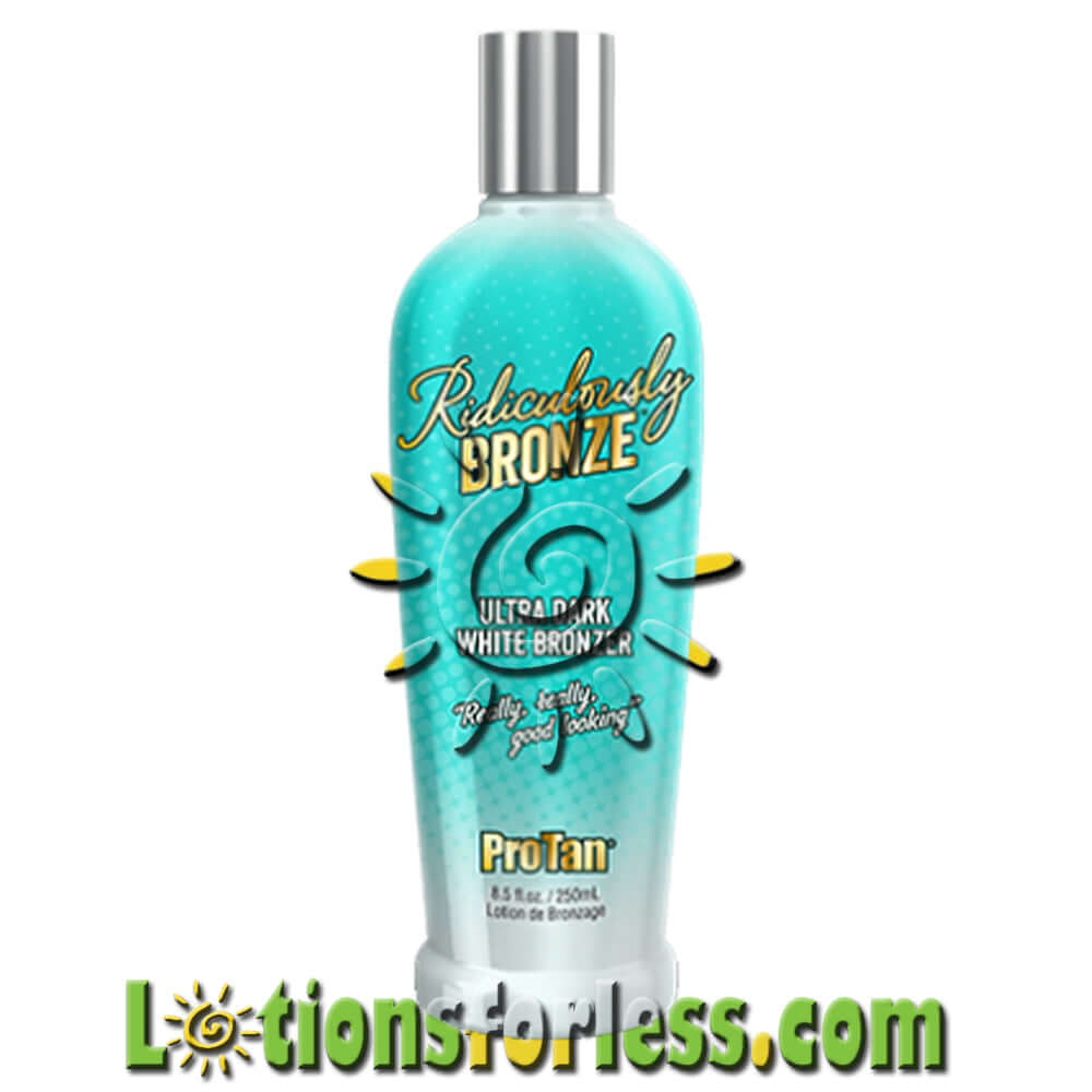 Pro Tan Ridiculously Bronze White Bronzer 8.5oz bottle with vibrant turquoise design and moisturizing ingredients for a radiant glow.