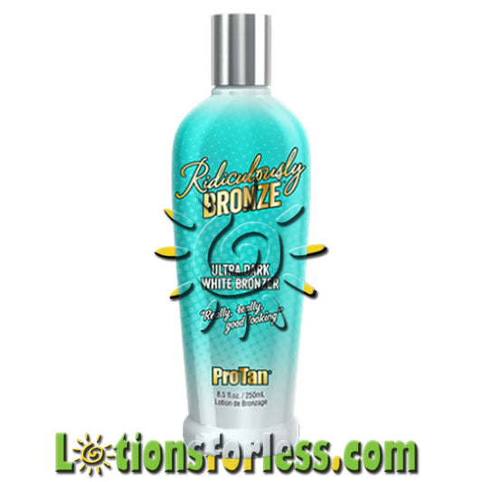 Pro Tan Ridiculously Bronze White Bronzer 8.5oz bottle with vibrant turquoise design and moisturizing ingredients for a radiant glow.