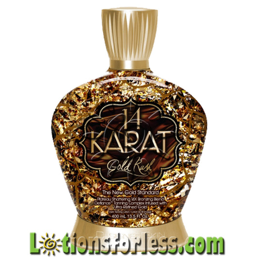 Designer Skin 14 Karat Gold Rush tanning lotion in a gold and black bottle, 13.5oz, promoting radiant and youthful skin.