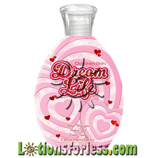 Designer Skin Dream Life Leg Bronzer 8.5oz bottle with pink heart design, smooth blurring effect, and cherry dream fragrance.