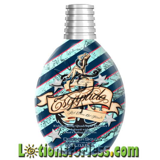 Designer Skin Escapade Quadruple Bronzer 13.5oz bottle featuring vibrant blue and red packaging with star designs.