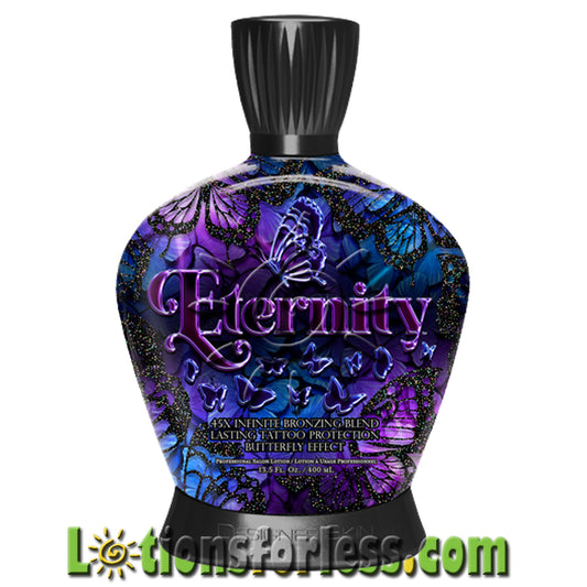 Designer Skin Eternity 45X Bronzing Blend 13.5oz bottle with butterfly design, featuring anti-aging and tattoo fade protection.