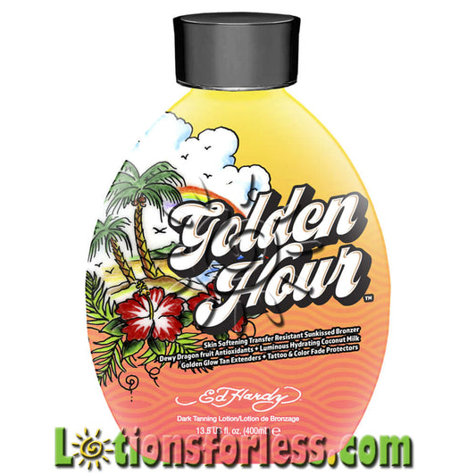 Ed Hardy Golden Hour Bronzer 13.5oz with tropical design, featuring hibiscus and sunset glow for dark tanning.