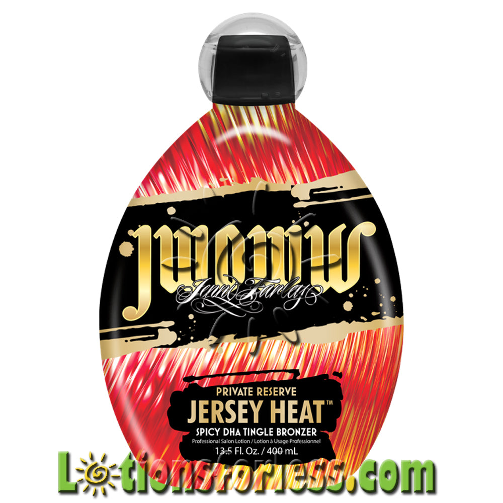 Jwoww Private Reserve Jersey Heat Tingle Bronzer 13.5oz bottle with vibrant design for instant bronzing and tattoo protection.