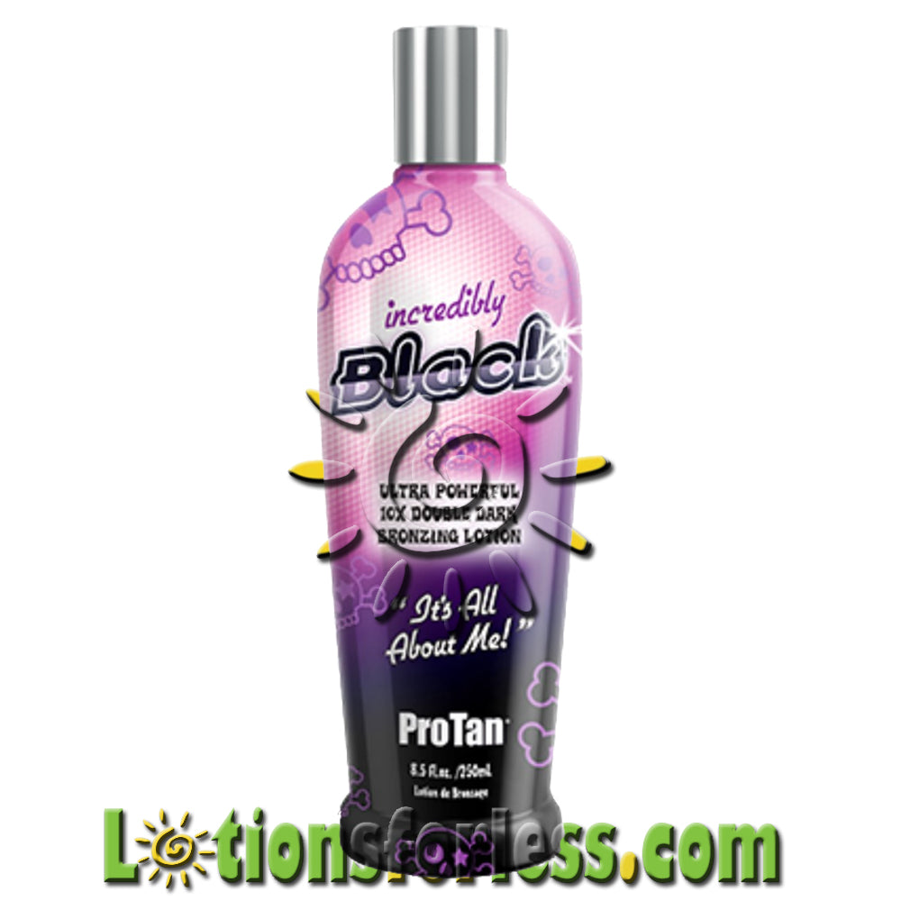 Pro Tan Incredibly Black 10X Bronzing Tanning Lotion 8.5oz bottle, ultra powerful double dark bronzer with sweet almond fragrance.