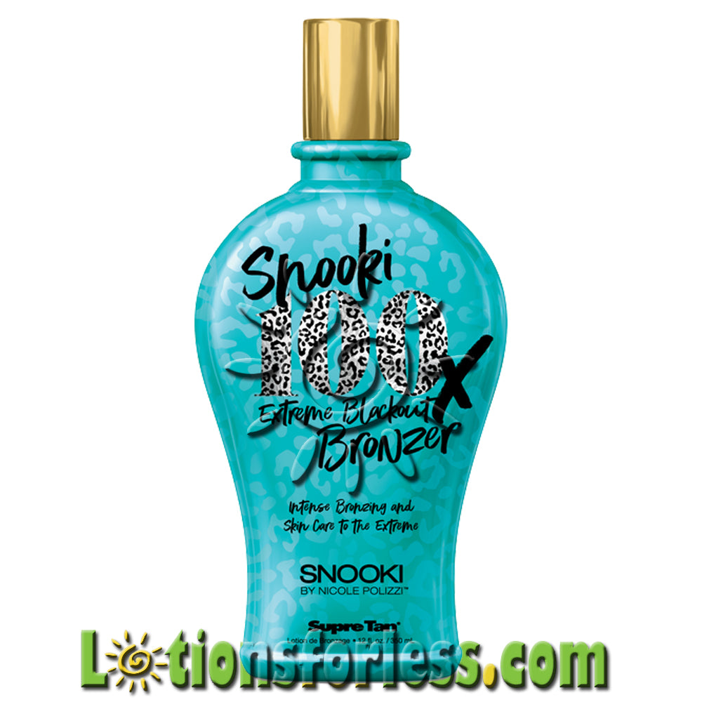 Snooki Extreme Blackout 100x Bronzer 12oz bottle with a teal design for intense tanning and skin care.