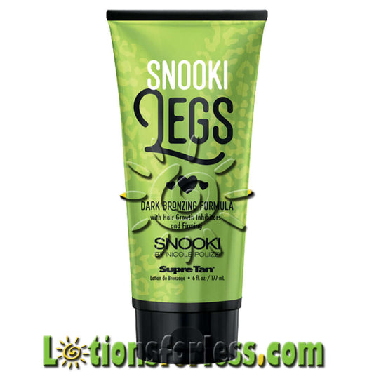 Supre Tan Snooki Legs Bronzer 6oz tube featuring dark bronzing formula with hair growth inhibitors and Polynesian fragrance.