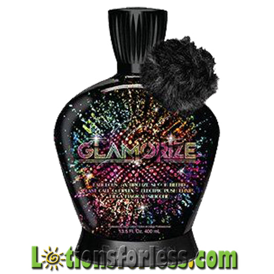 Designer Skin Glamorize 24x Bronzer 13.5 oz bottle with colorful sparkles and a soft applicator puff.