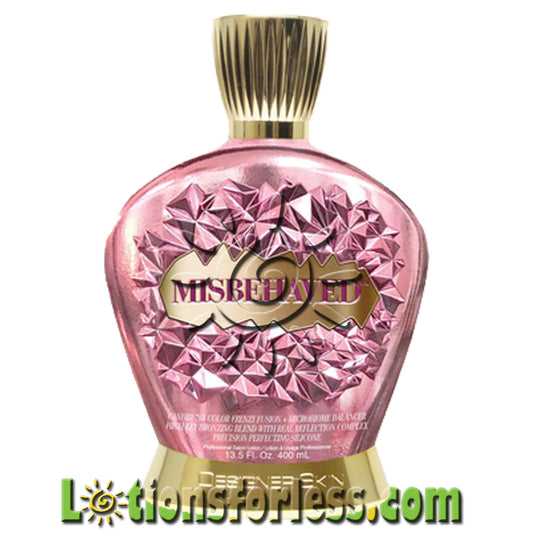 Designer Skin Misbehaved DHA Bronzer 13.5oz bottle with pink diamond design and gold cap, featuring strawberry pear daiquiri fragrance.