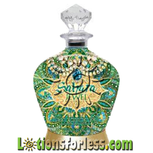 Designer Skin Sahara Jewel 30X Bronzer 13.5oz bottle with colorful design and diamond-shaped cap, featuring Bronzeuphoria Complex.