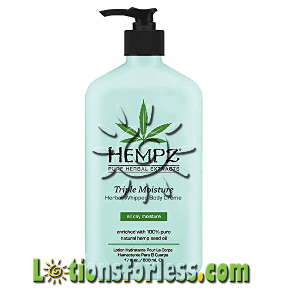 Hempz Triple Moisture Herbal Whipped Body Creme 17oz bottle with pump, enriched with natural hemp seed oil for hydration.